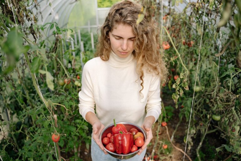 A woman in a greenhouse holding a bowl of freshly harvested organic tomatoes and peppers